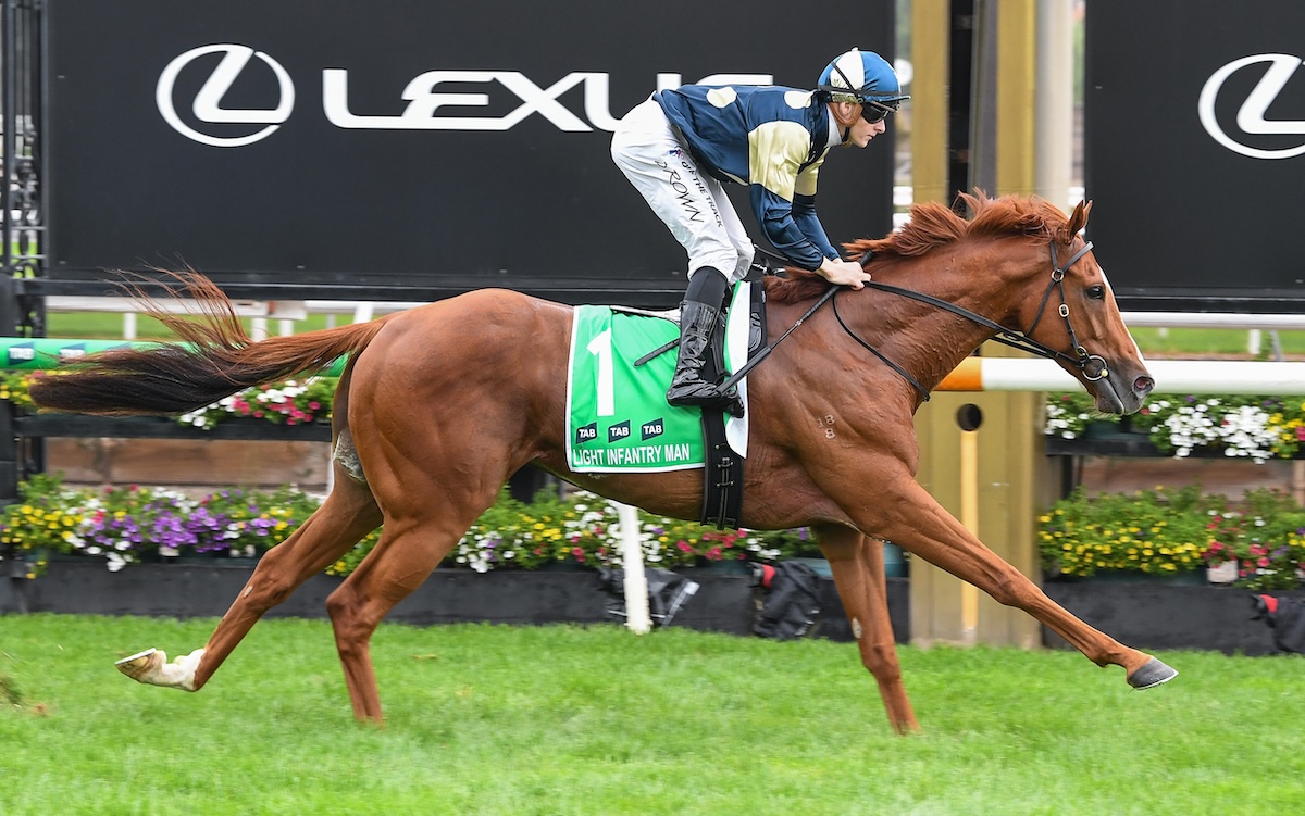 Personal favourite: Light Infantry Man wins the G1 Australian Cup at Flemington. Photo: Racing Photos (Brett Holburt) for VRC