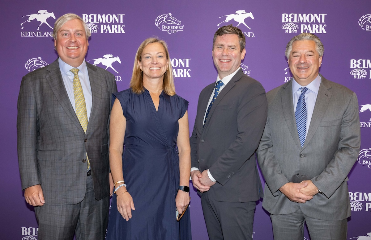 Breeders’ Cup bigwigs (l-r): Drew Fleming (BC president), Shannon Arvin (Keeneland president), David O’Rourke (NYRA president), Marc Hollliday (NYRA chairman). Photo: Eclipse Sportswire / Breeders’ Cup
