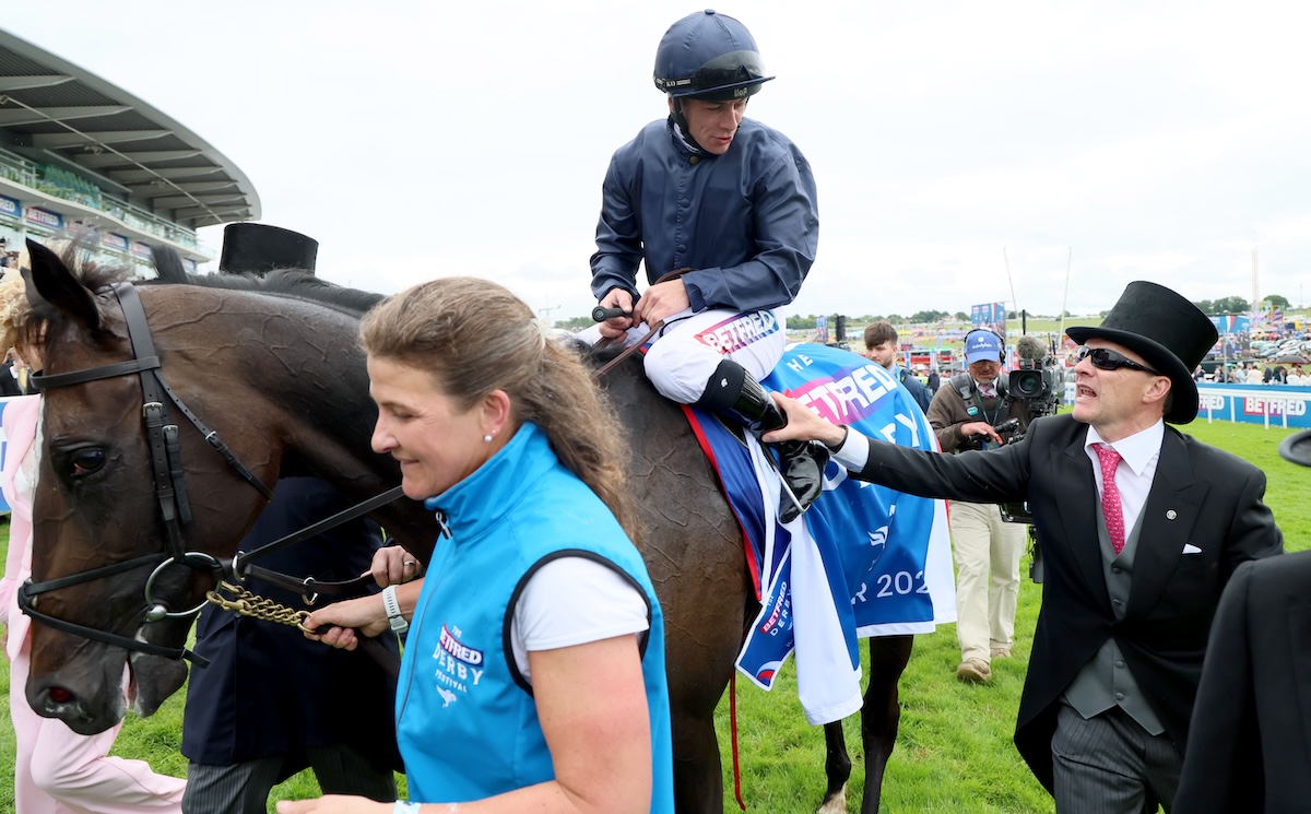 Derby heroes: Lambourn (Wayne Lordan) with Aidan O'Brien after winning at Epsom. Photo: Dan Abraham / focusonracing.com