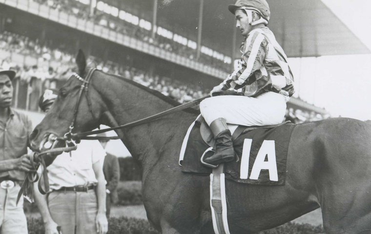 1961 Schuylerviille winner Cicada (Bill Shoemaker)  in the winner’s circle after winning the Frizette at Aqueduct. Photo courtesy of the National Museum of Racing and Hall of Fame