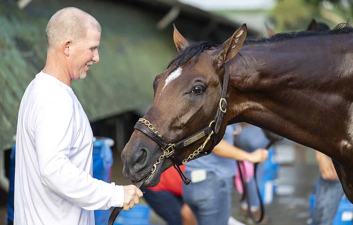 Morning-line favorite Journalism with exercise rider Mark Witkowski at Monmouth Park ahead of the Haskell. Photo: Bill Denver / Equi-Photo