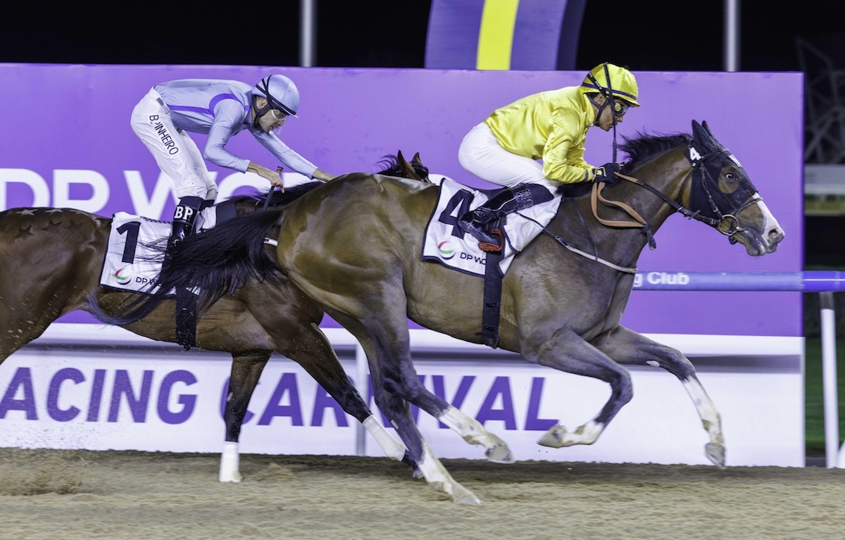 Saratoga bound: Queen Azteca wins UAE Oaks under Carlos Lopez. Photo: Dubai Racing Club