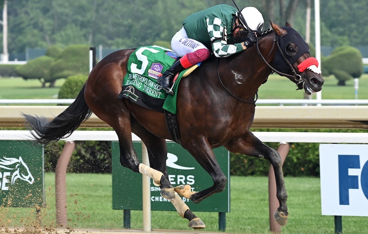 Finest hour: Raging Torrent (Frankie Dettori) wins Met Mile at Saratoga. Photo: NYRA / Coglianese