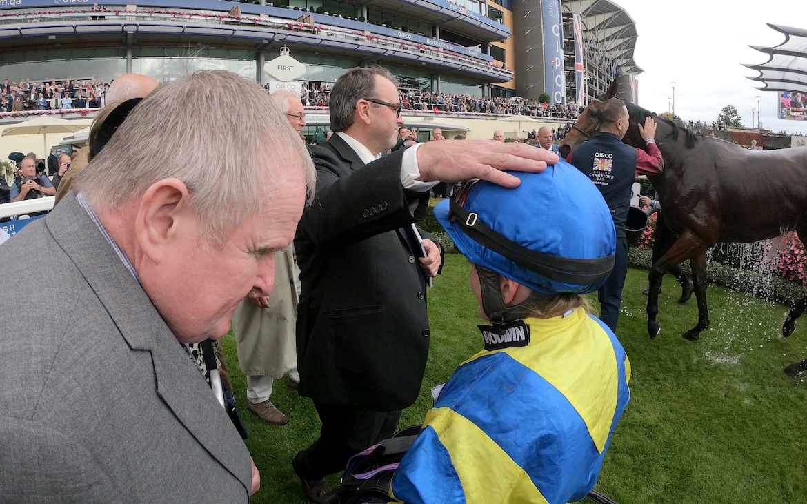 Memorable occasion: owner Andrew Gemmell (left) on hand as trainer Alan KIng pats Hollie Doyle on the head after an Ascot win. Photo: Dan Abraham / focusonracing.com