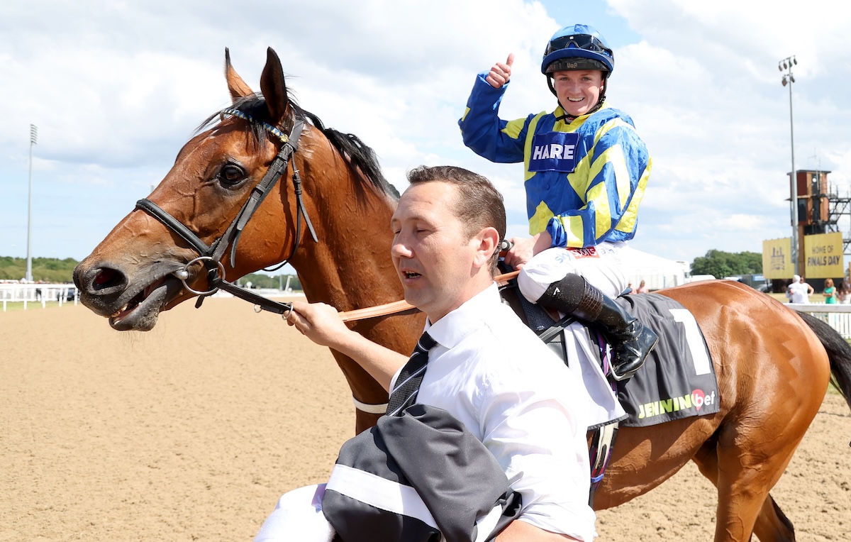 Thumbs up after a memorable weight-carrying display in the historic Northumberland Plate. Photo: Dan Abraham / focusonracing.com