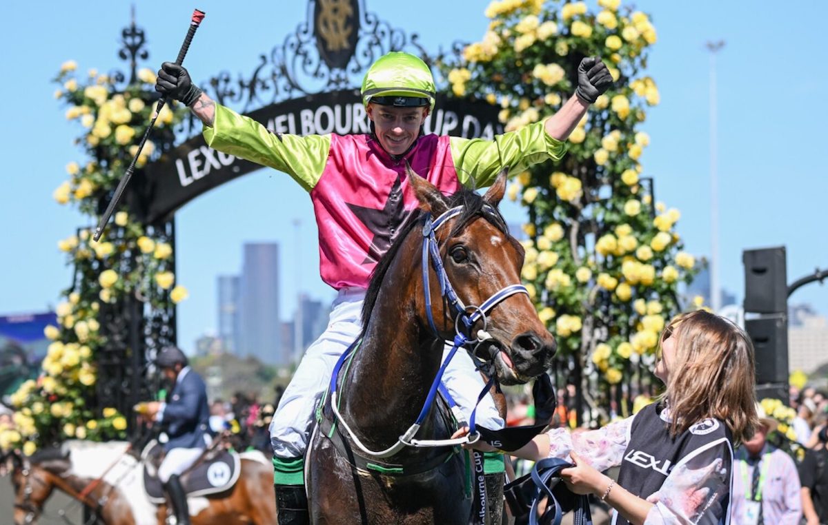Jockey Robbie Dolan celebrates after last year’s 90-1 victory on Knight’s Choice. Photo: Reg Ryan / Racing Photos