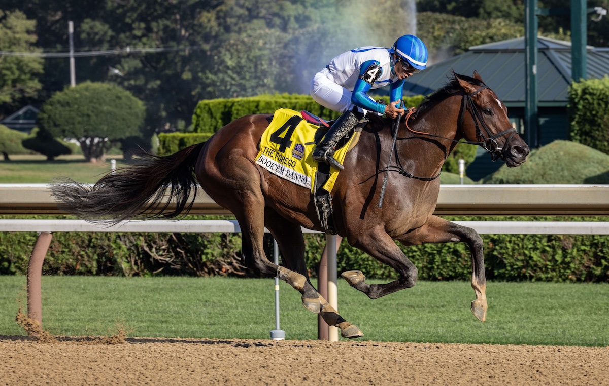 Breeders’ Cup no-go: Book’m Danno wins Forego under Paco Lopez. Photo: NYRA / Walter Wlodarczyk
