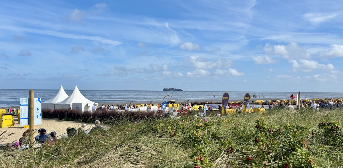 A cargo ship moves aong the horizon on the Elbe estuary