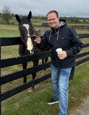 Lava Man gets a recent visit from an old friend at Old Friends. Photo courtesy of Doug O’Neill