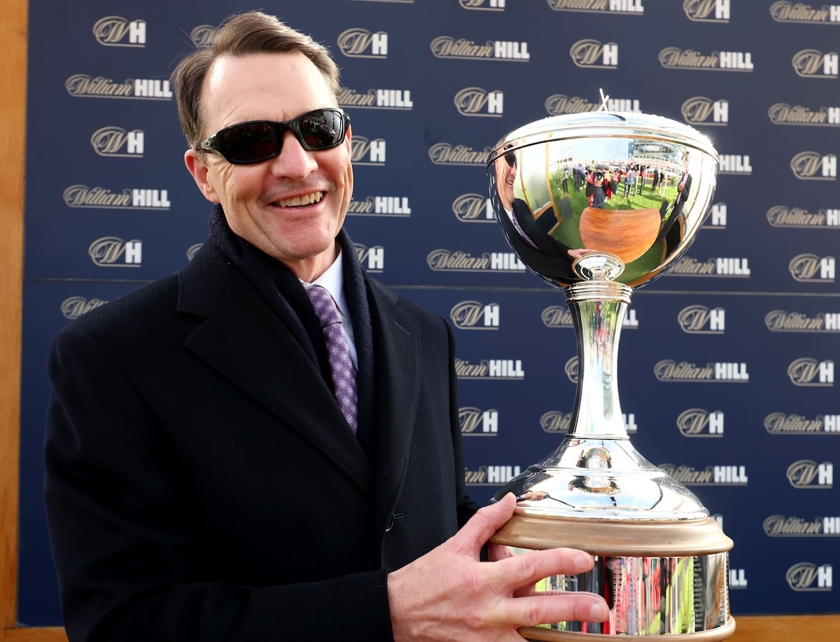 Champion again: Aidan O’Brien with the trainers’ trophy at Doncaster. Photo: Dan Abraham / focusonracing.com