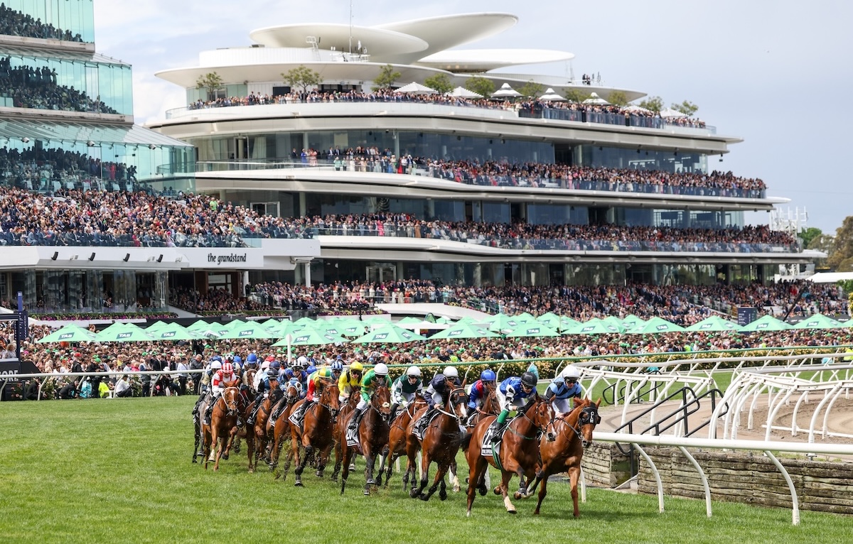 Race that stops a nation: Melbourne Cup field rounds the first turn in front of packed stands at Flemington. Photo: George Sal / Racing Photos