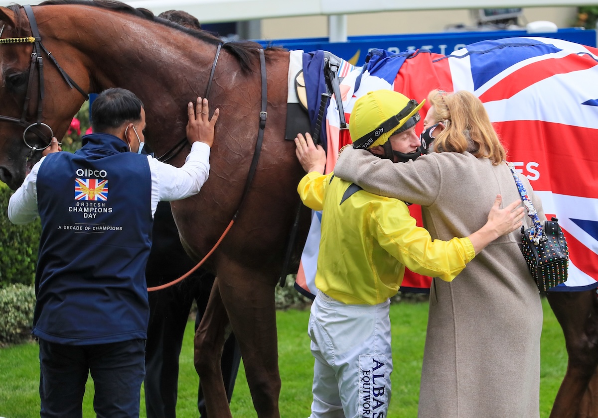 Maureen Haggas congratulates jockey Tom Marquand after Addeybb’s Champion Stakes triumph in 2020. Photo: Mark Cranham / focusonracing.com