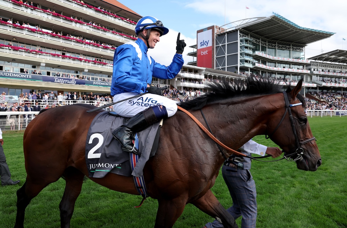Favourite racecourse: Baaeed and Jim Crowley after winning the Juddmonte International at York in August 2022. Photo: Dan Abraham / focusonracing.com