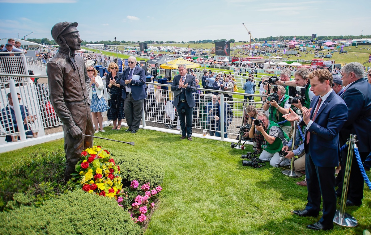 Incomparable: Maureen Haggas attends the wreath-laying ceremony for Lester Piggott at Epsom on Oaks day in 2022. Photo: Mark Cranham / focusonracing.com