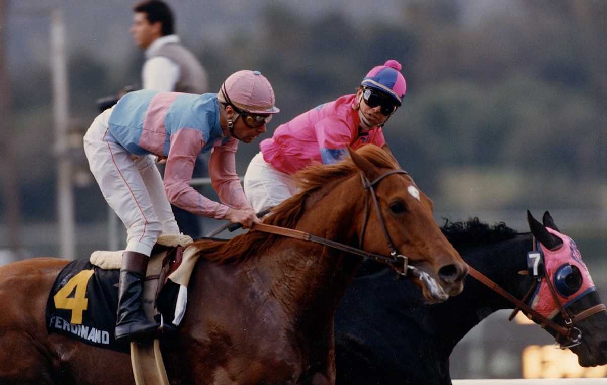 In a clash of Classic winners, Snow Chief (far side) edges Ferdinand in the 1987 Charles H. Strub Stakes. Photo courtesy of Santa Anita