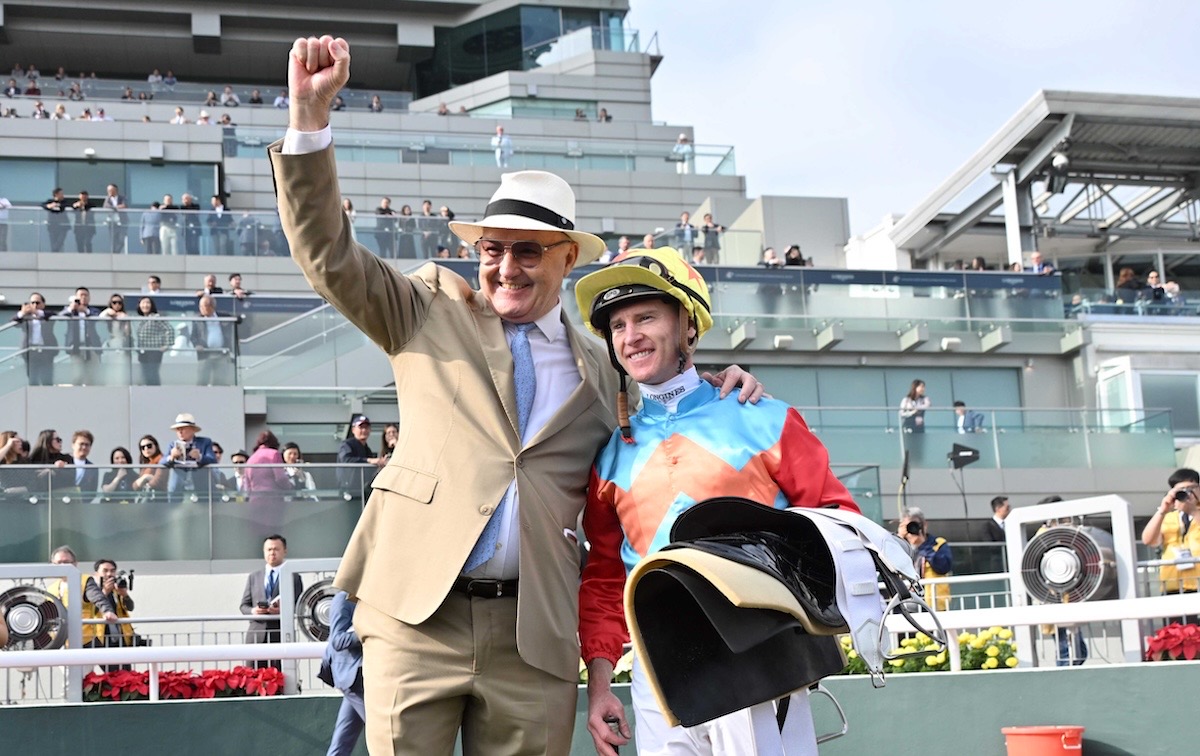 Trainer David Hayes and jockey Zac Purton celebrate after Ka Ying Rising’s HK Sprint triumph 12 months ago. Photo: HKJC