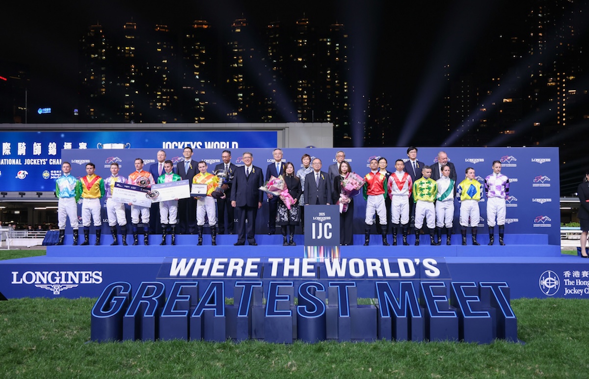 Ryan Moore and his fellow riders with officials at the Longines International Jockeys’ Challenge. Photo: HKJC