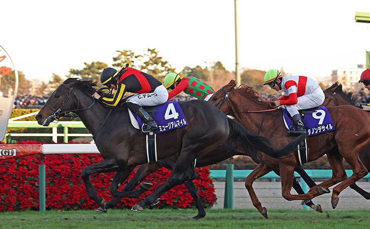 Museum Mile (Cristian Demuro) charges late to win the Arima Kinen. Photo: Japan Racing Association