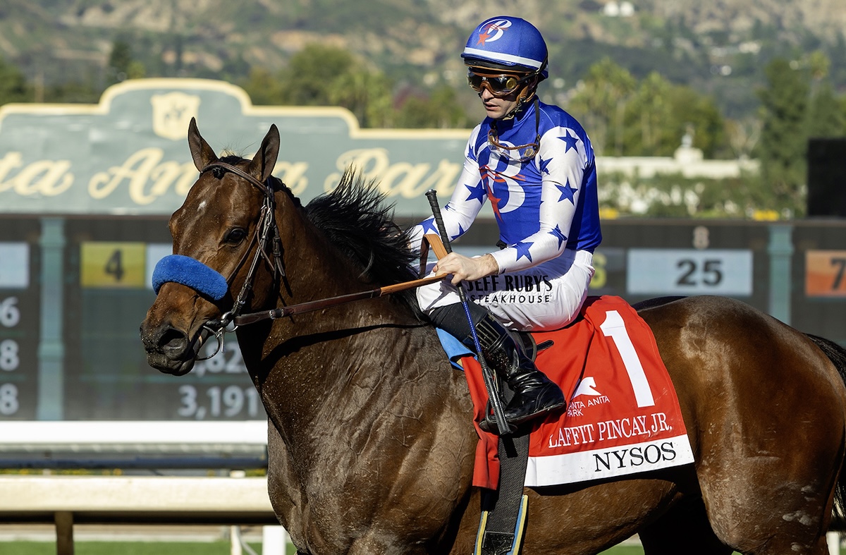 Nysos (Flavien Prat) after winning at Santa Anita. Photo: Benoit