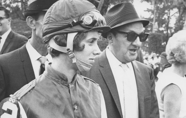 History maker: Diane Crump with trainer Tom Calumet before becoming the first professional woman to ride against men in a race at Hialeah on February 7, 1969. Photo: Jim Raftery