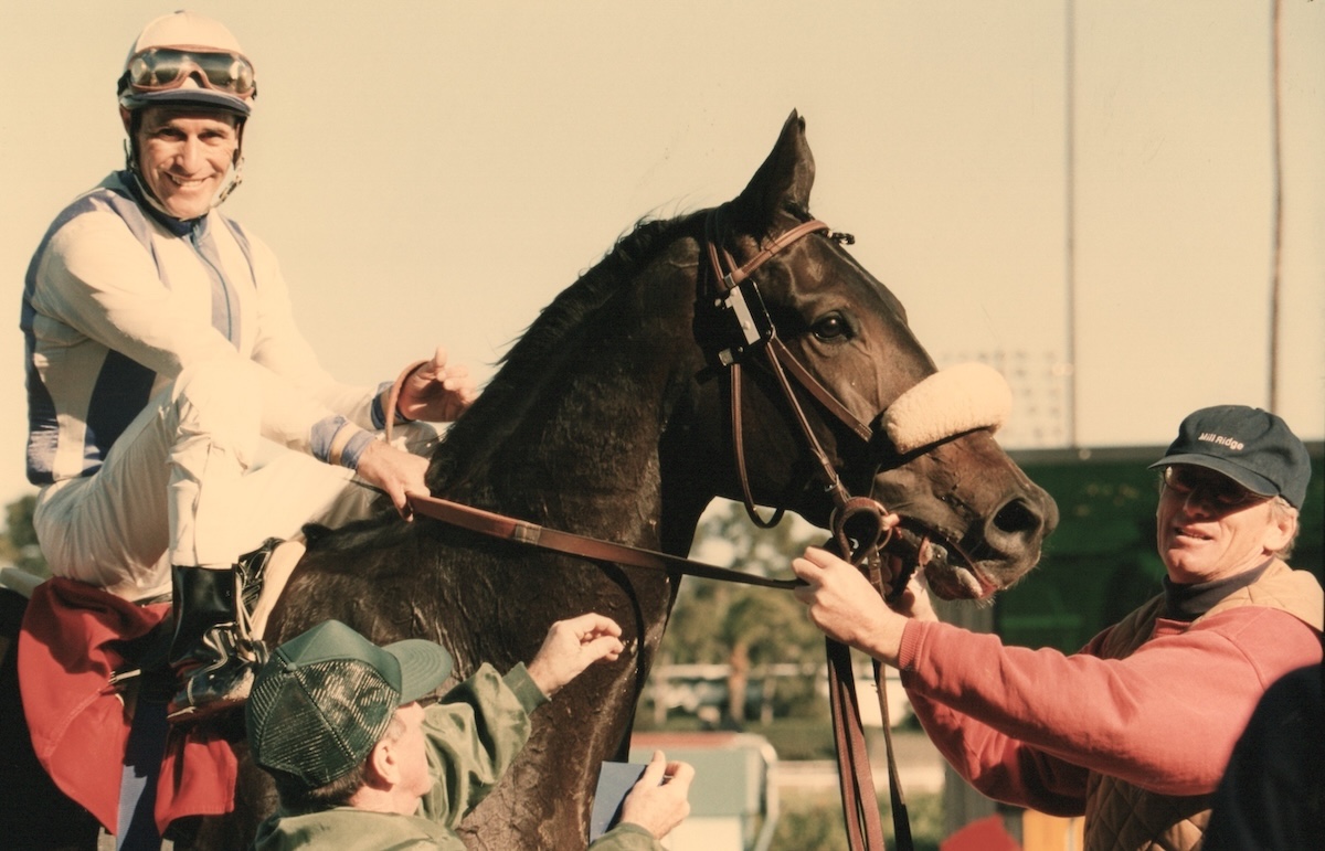 John Shirreffs and Gary Stevens pose alongside their big filly after her Hollywood Oaks triumph. (Benoit photo, courtesy Hollywood Park)
