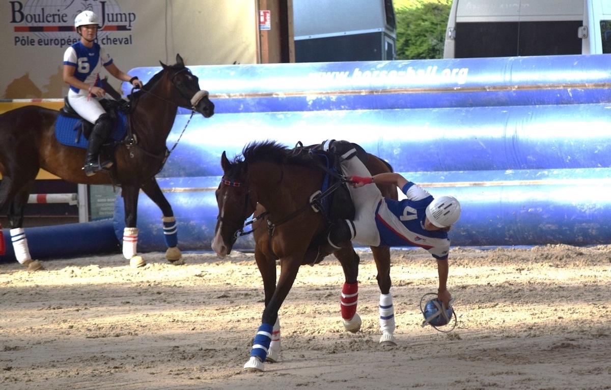 A spot of horseball acrobatics for Ryan Hagger and Sir Joseph Swan. Photo supplied by Lancing Equestrian