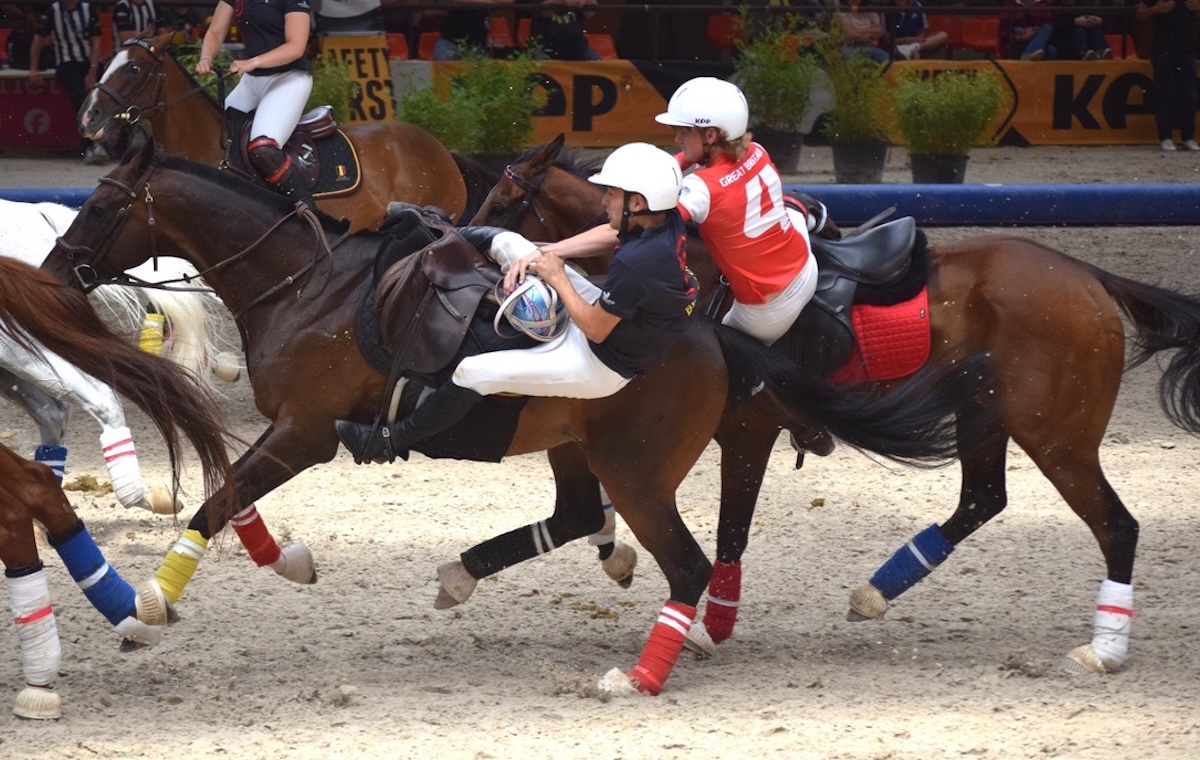 All action: a typical horseball tussle for the British partnership. Photo supplied by Lancing Equestrian