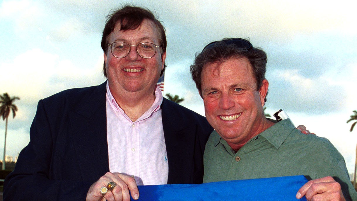 Capt. Steve Thompson (left) shares the Donn Handicap victory of his namesake with owner Mike Pegram. Photo: Bill Denver