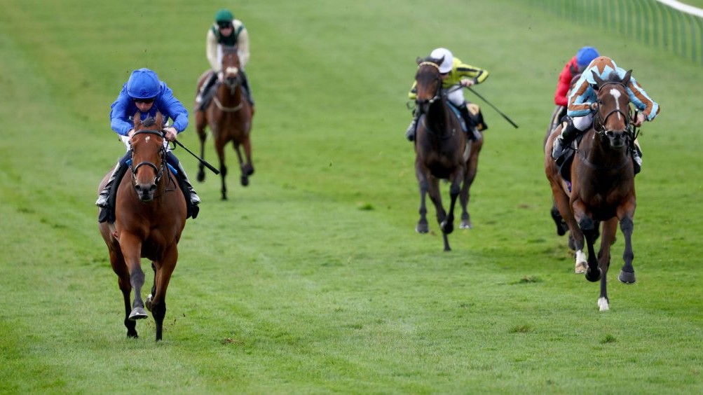 Hassaleh and William Buick (Godolphin blue) winning a maiden fillies race. Photo: Dan Abraham/focusonracing.com